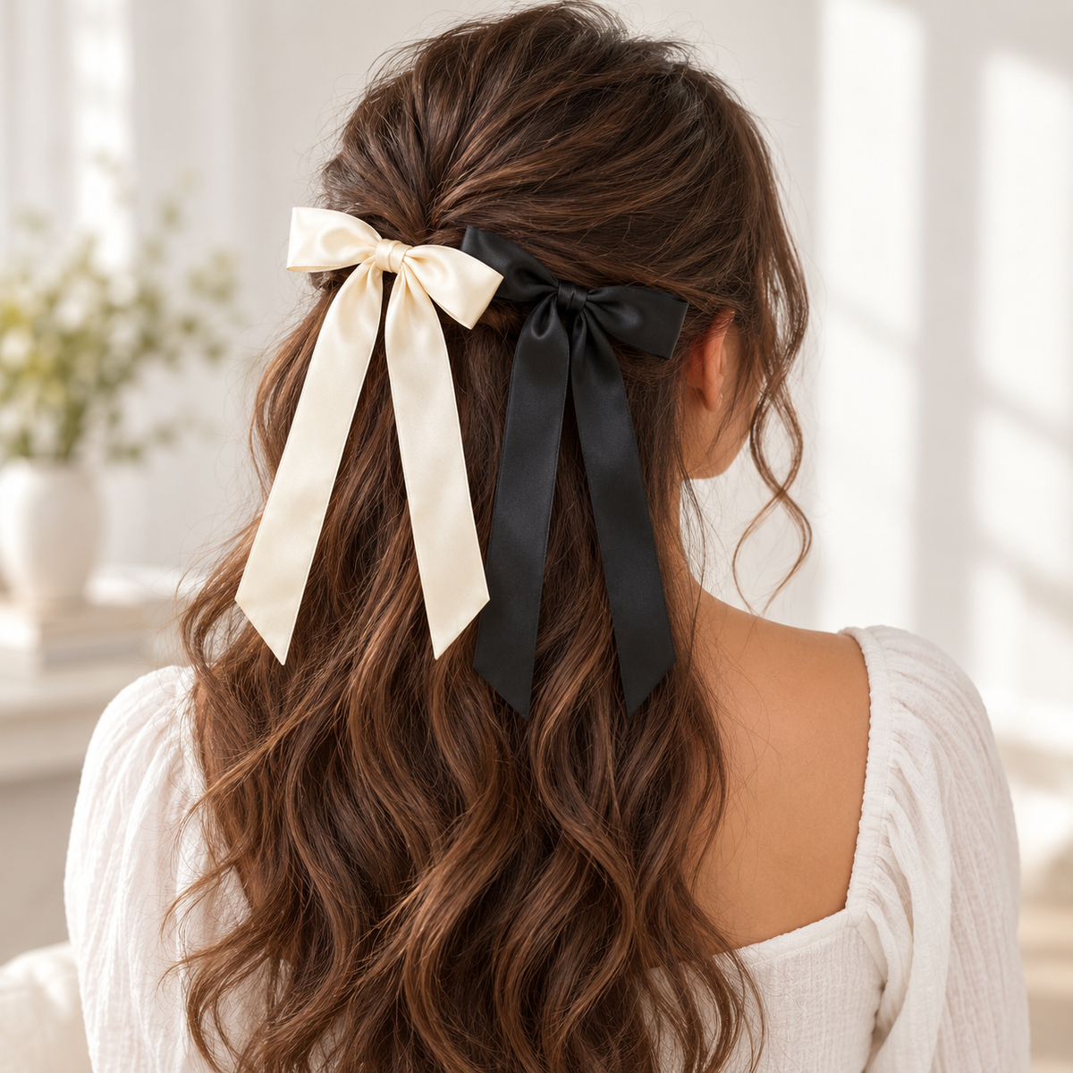 Ivory and black long ribbon bows worn in hair