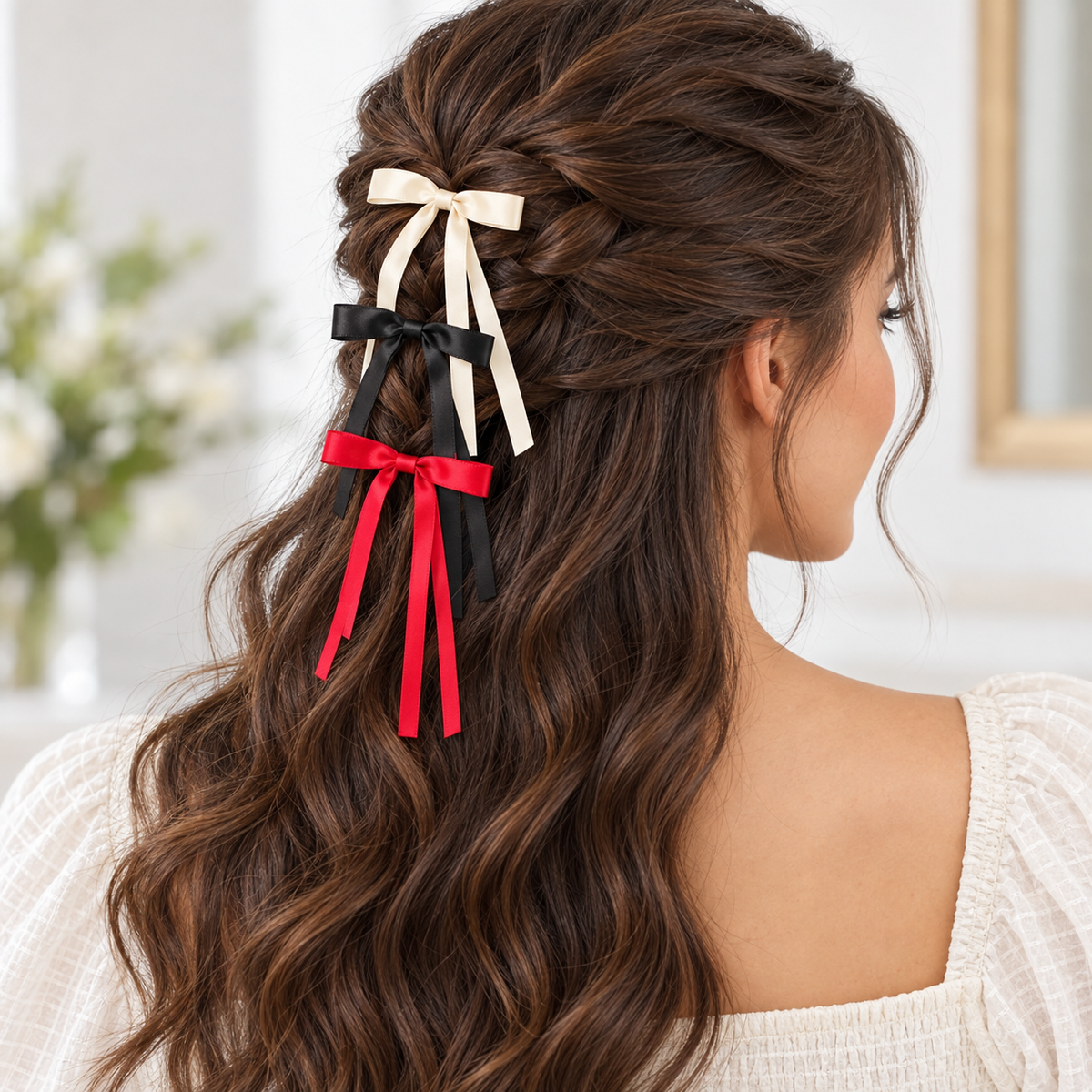 Cream, black, and scarlet ribbon barrettes worn in hair