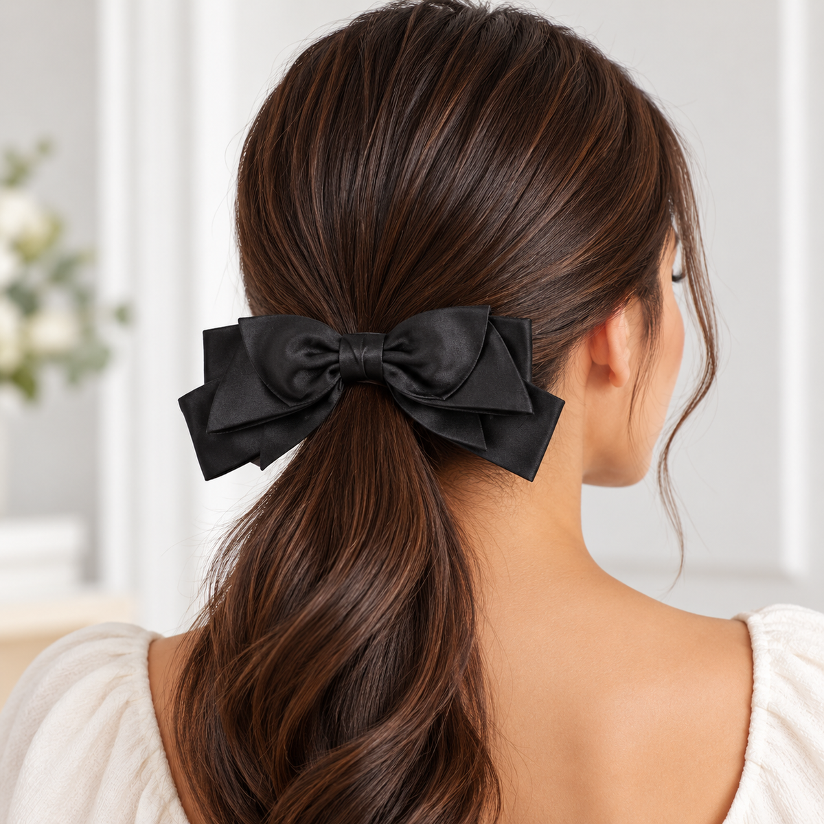 Black satin bow barrette worn in a low ponytail