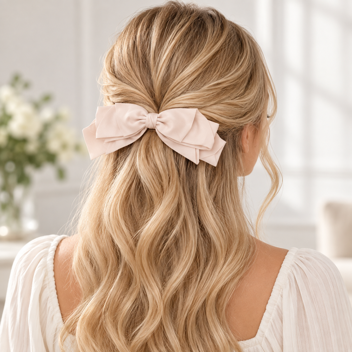 Ivory satin bow barrette worn in half-up hair