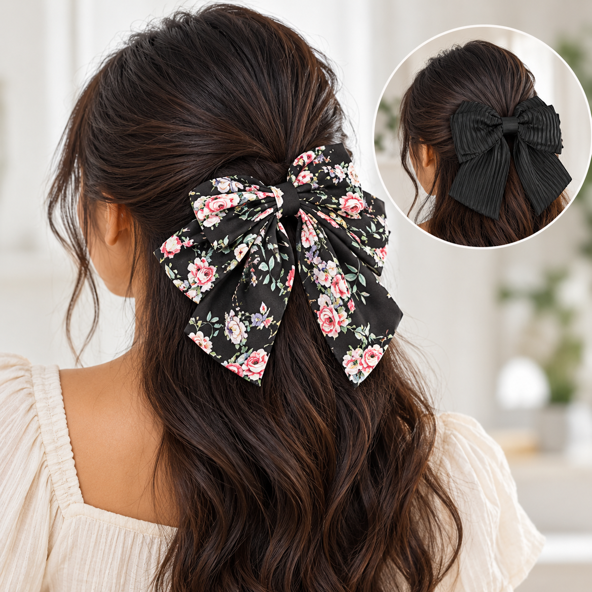 Oversized black floral and black bows worn in hair