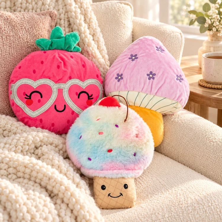 Strawberry, Pink Mushroom and Ice Cream Cone Heatable and Huggable Plush Pals together on a cozy sofa