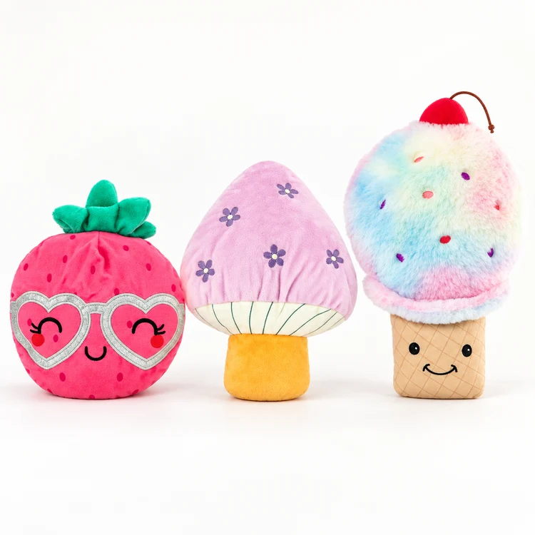Heatable and Huggable Plush Pals – Strawberry, Pink Mushroom, and Ice Cream Cone