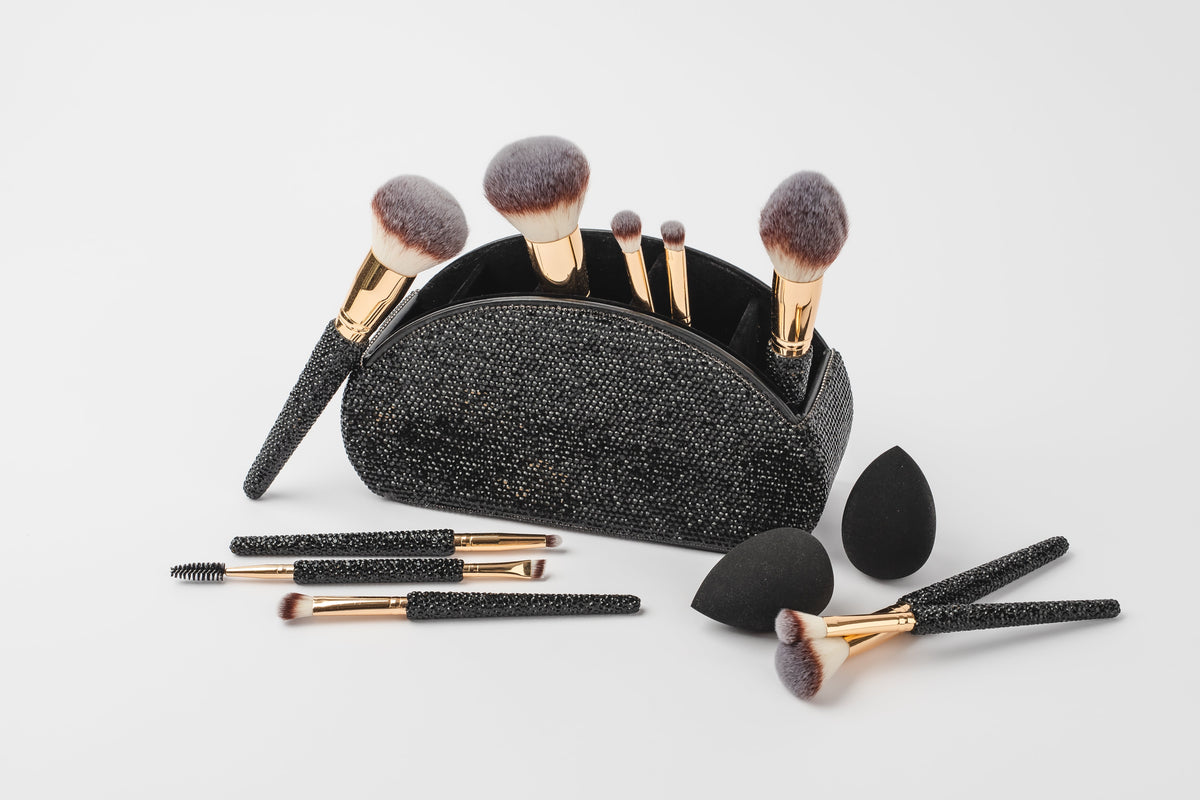 Black Bling GG4971 makeup brushes, holder, and blenders without packaging