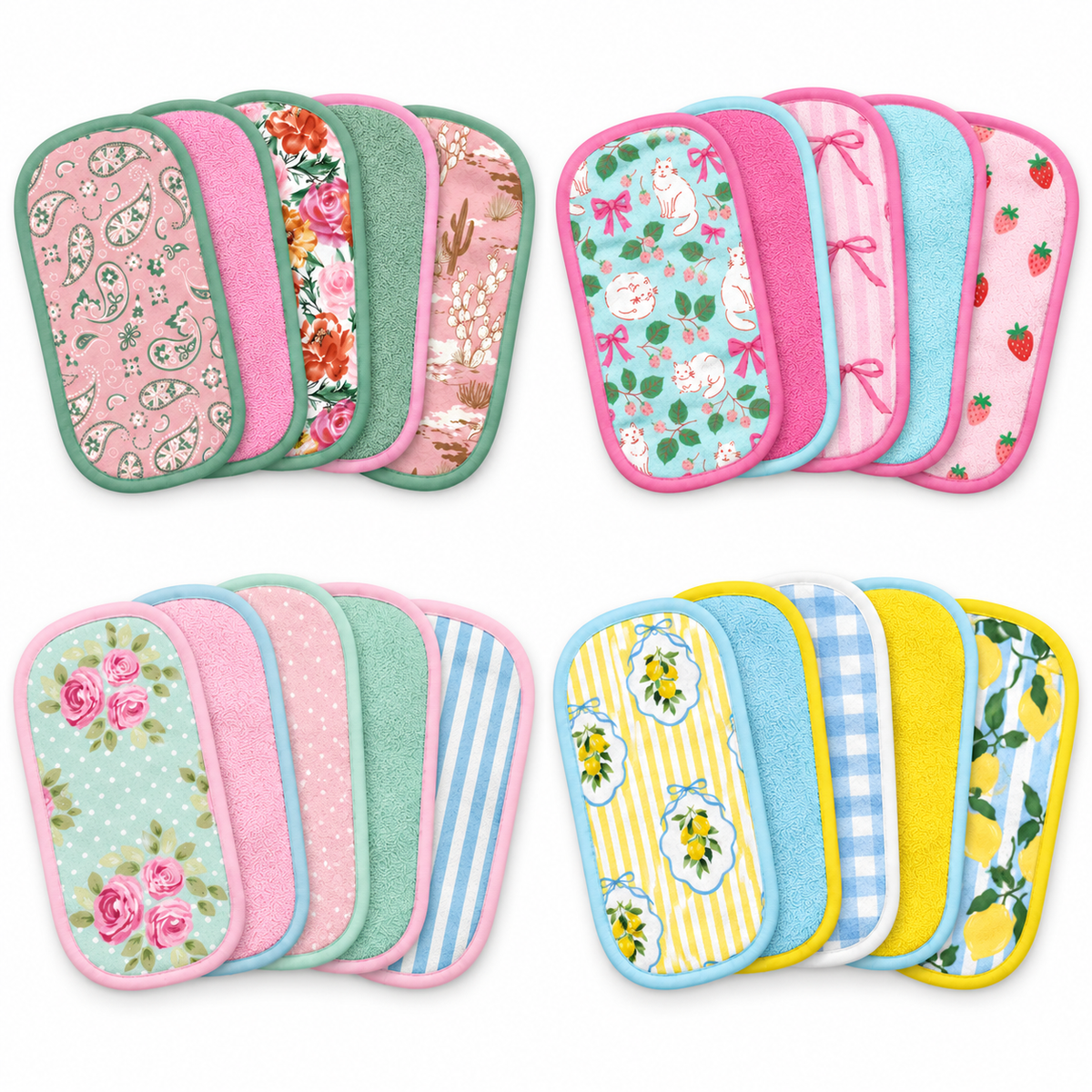 All four five-pack makeup remover towel styles, shown as five towels in each set
