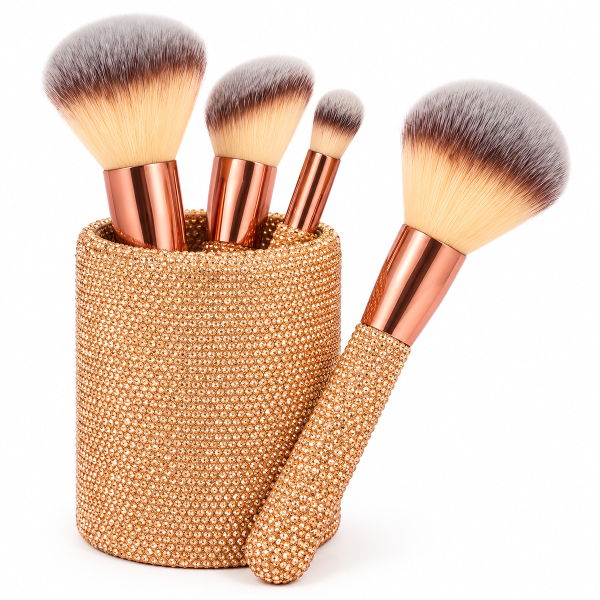 Champagne rhinestone makeup brushes and matching storage cup, detail view