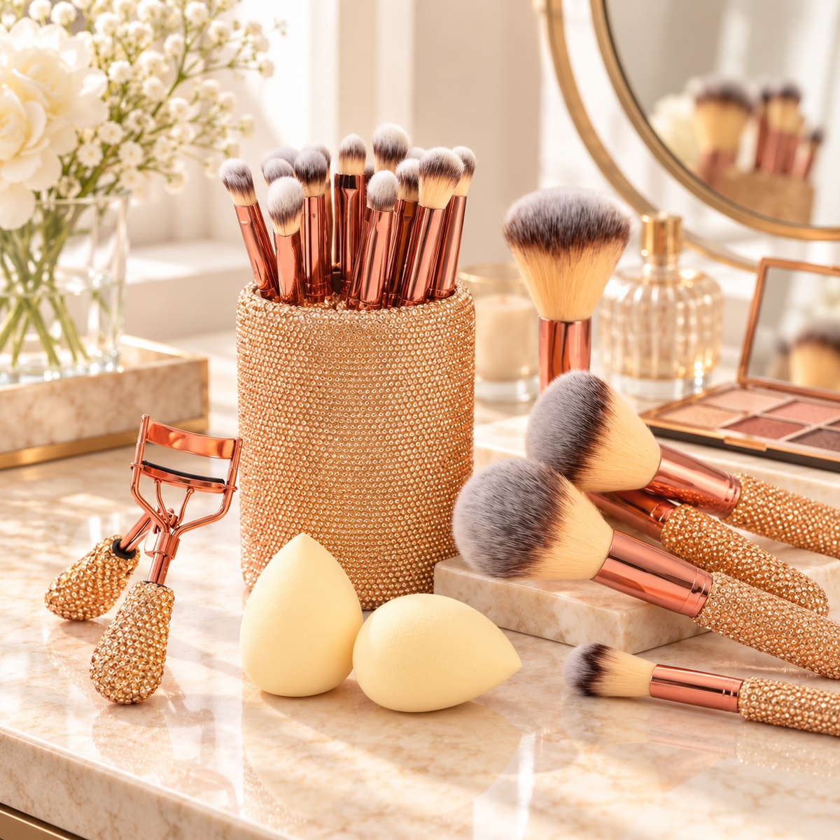 Champagne rhinestone makeup brush set arranged on a vanity