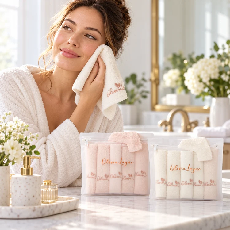 Olivia Layne pink and ivory bamboo face towel sets with a woman using a towel