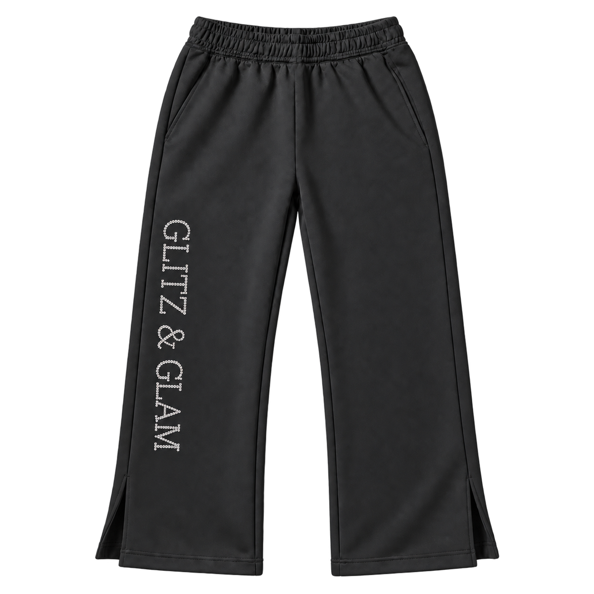 Product-only Glitz & Glam open leg joggers in black, correctly oriented logo