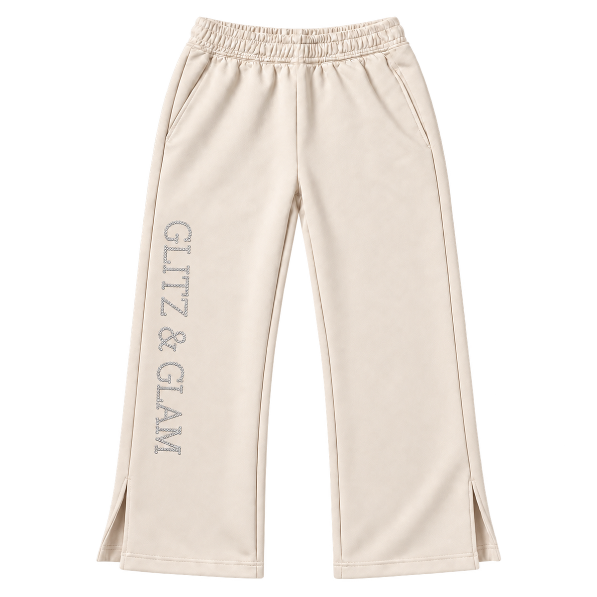 Product-only Glitz & Glam open leg joggers in champagne, correctly oriented logo