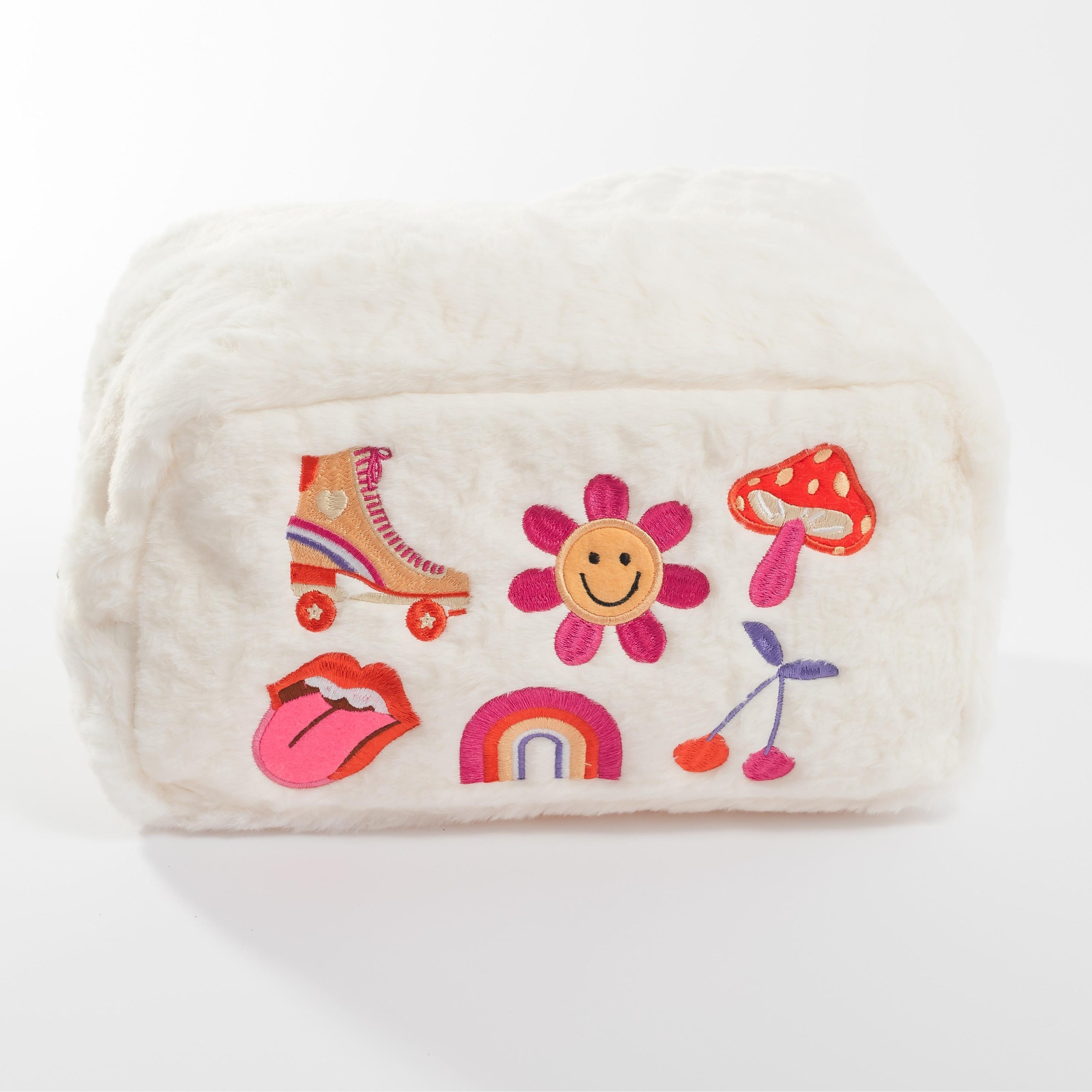 Retro Embroider Faux Fur Cosmetic Bag