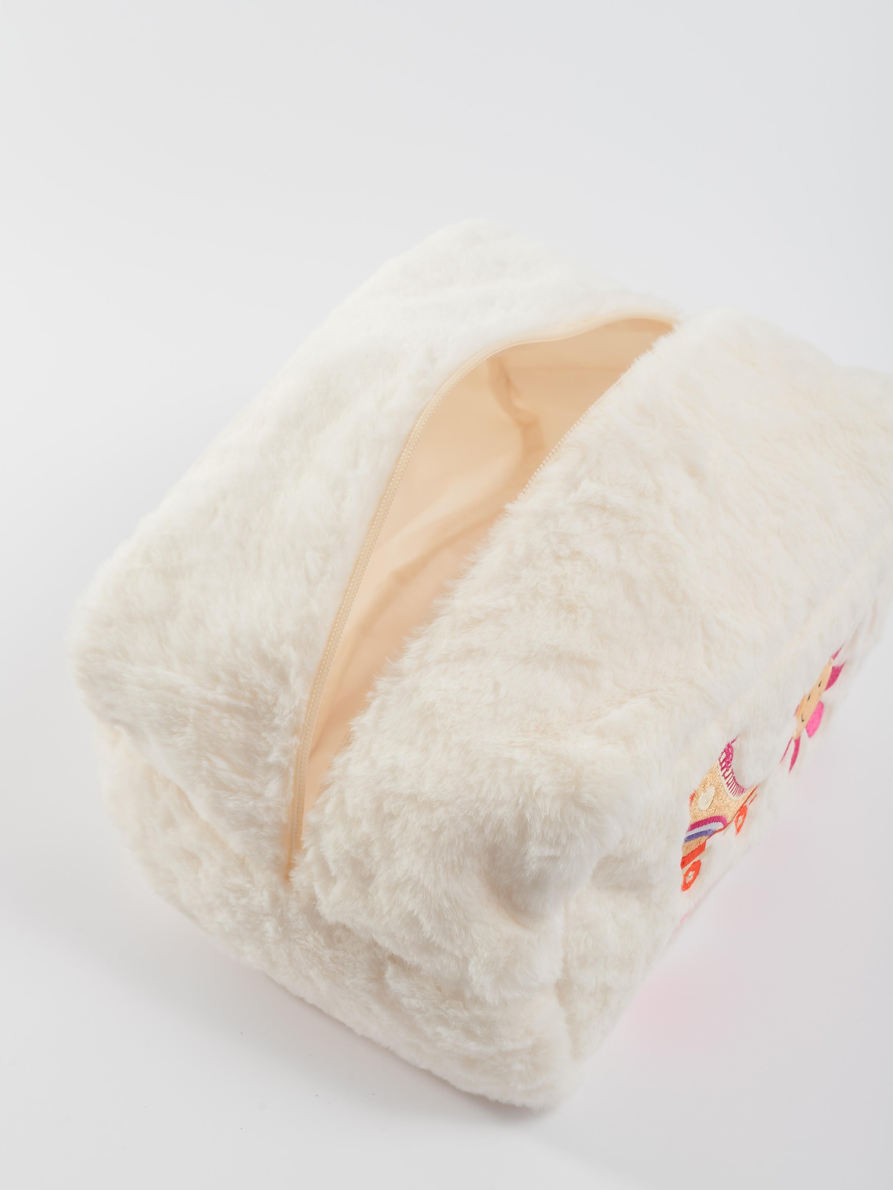 Retro Embroider Faux Fur Cosmetic Bag