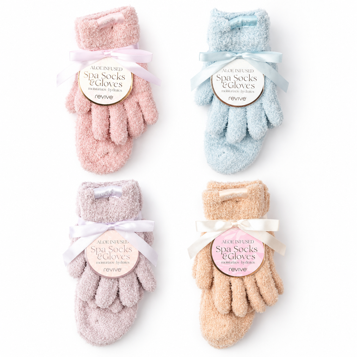 All four Revive Aloe Infused Spa Socks and Gloves colors: Ballet Slippers pink, Country Air Blue, Orchid, and Shifty Sand peach