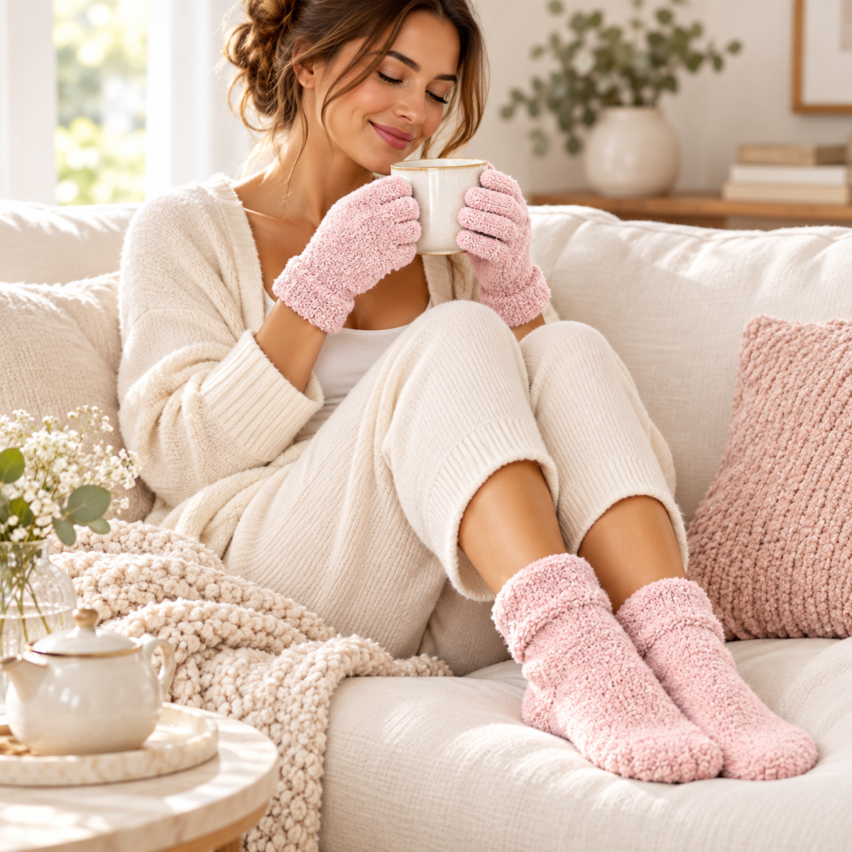 Revive Ballet Slippers pink spa socks and gloves in an at-home self-care setting