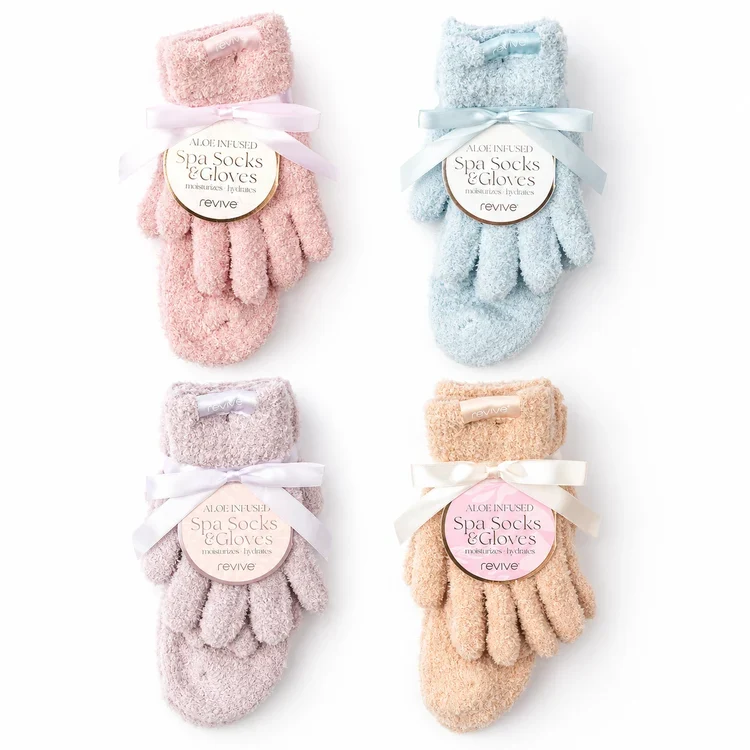 Revive aloe infused spa socks and gloves in pink, blue, orchid, and sand