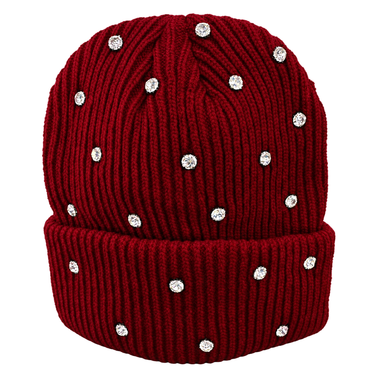 burgundy Rhinestone Beanie, product only on transparent background