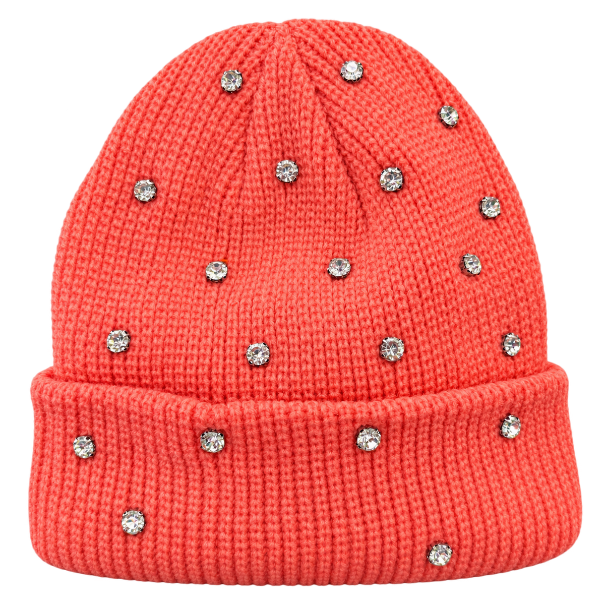 coral Rhinestone Beanie, product only on transparent background