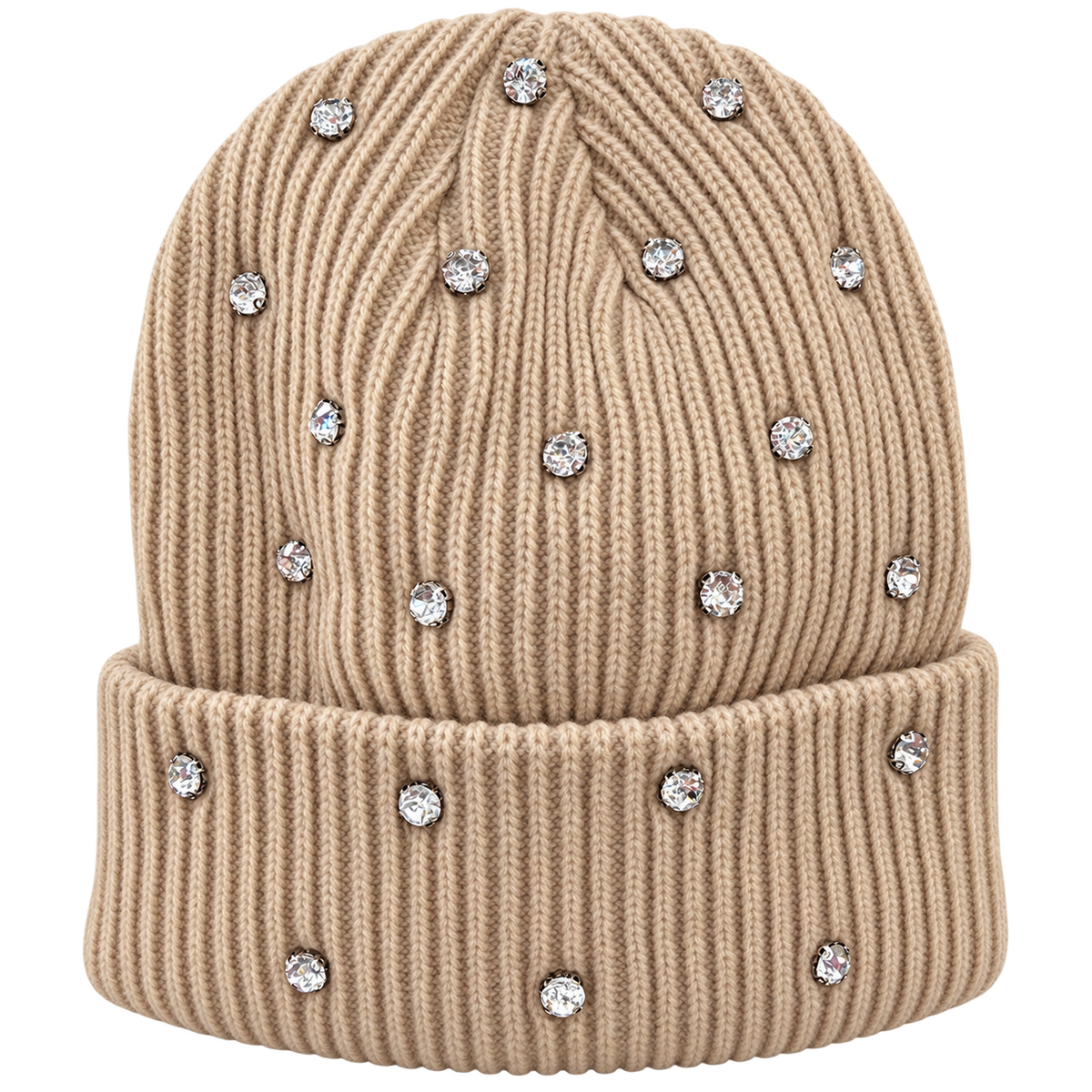 tan Rhinestone Beanie, product only on transparent background