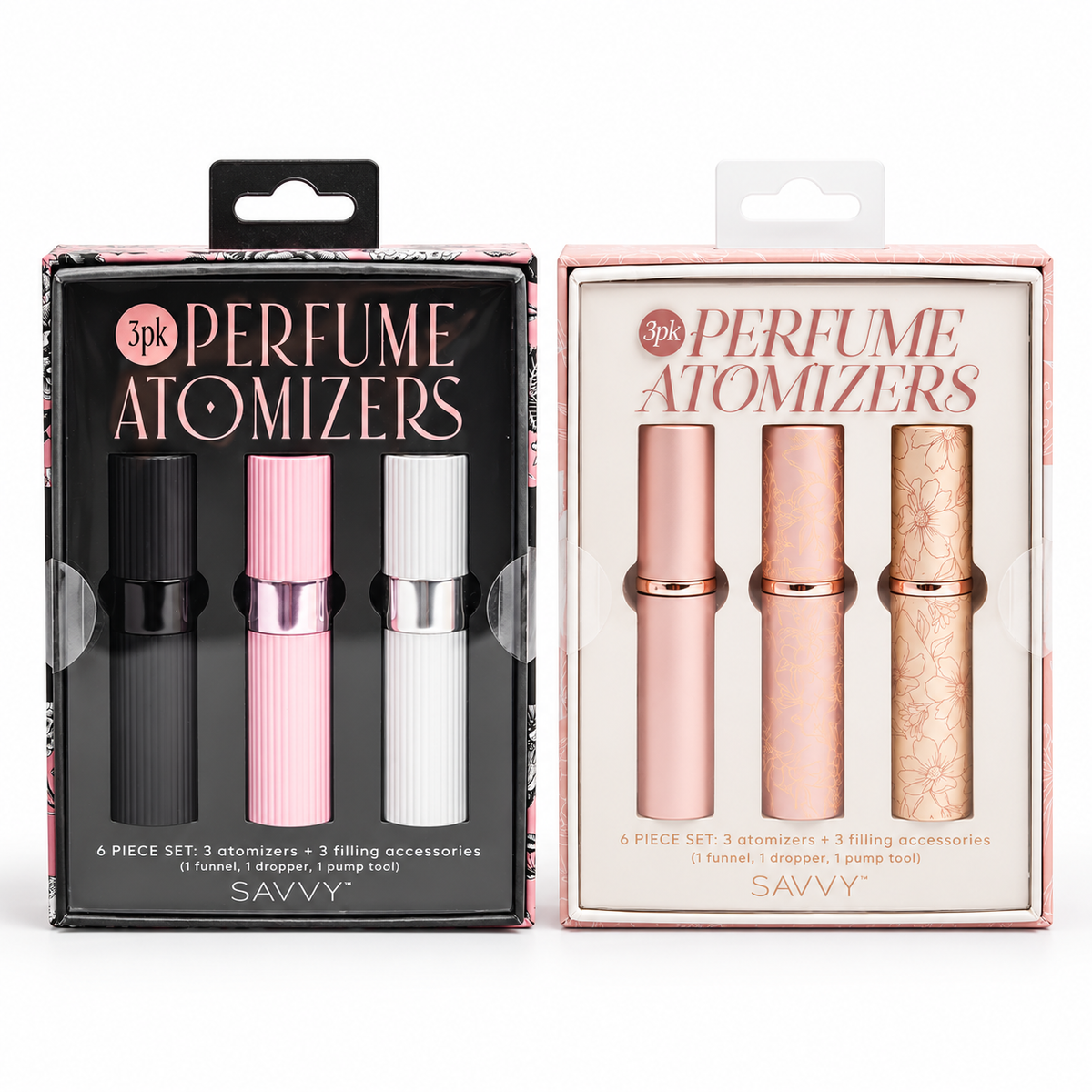 Both Savvy Perfume Atomizer styles: black, pink and silver; rose gold and floral