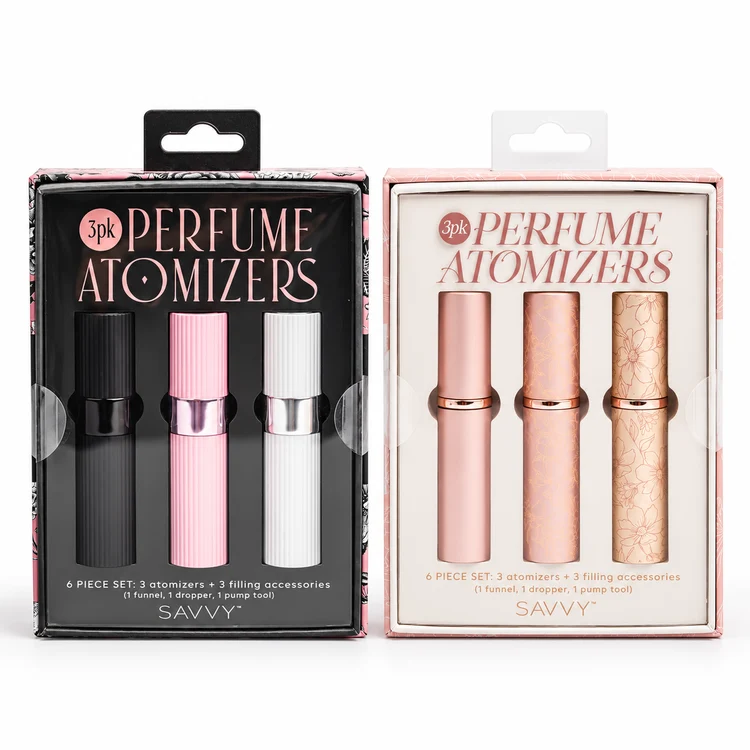 Savvy Perfume Atomizer Set in Black Pink Silver and Rose Gold Floral options