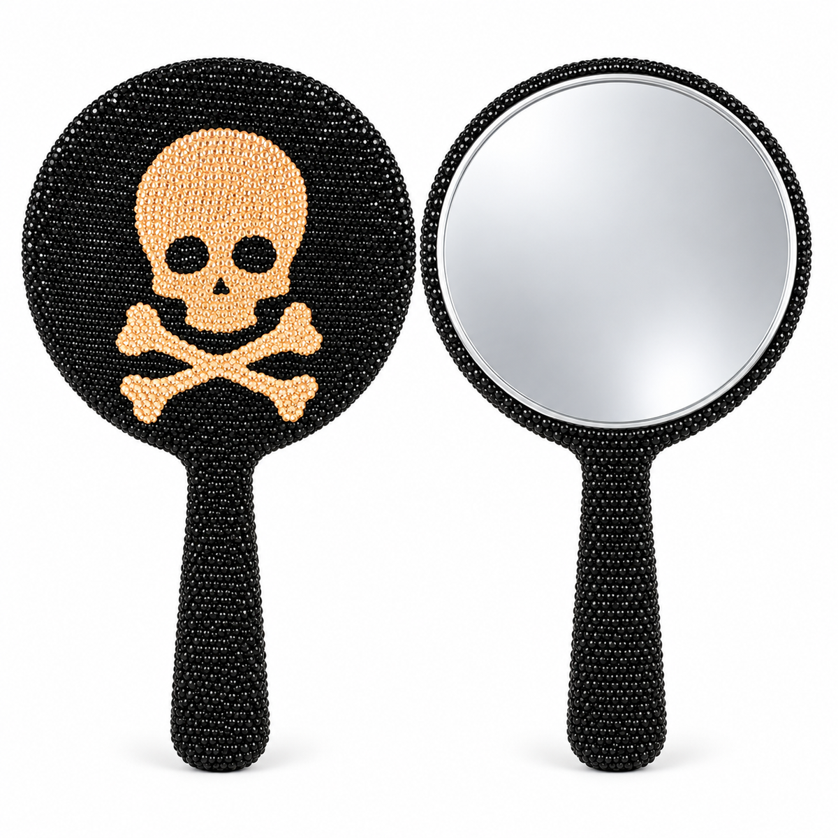 Black rhinestone handheld mirror shown from its gold skull side and reflective 5X mirror side