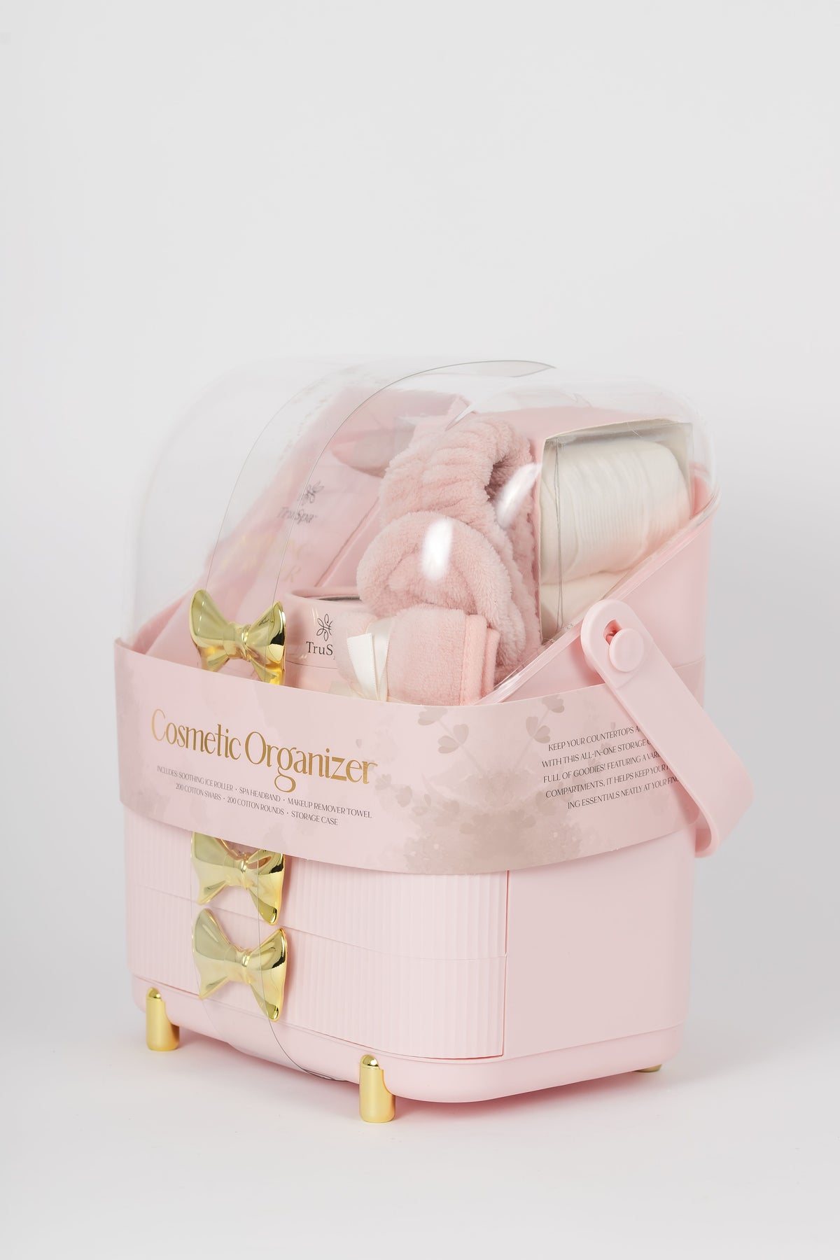 TruSpa Ballerina Pink Cosmetic Storage Caddy Set TS8248 with actual packaged spa essentials