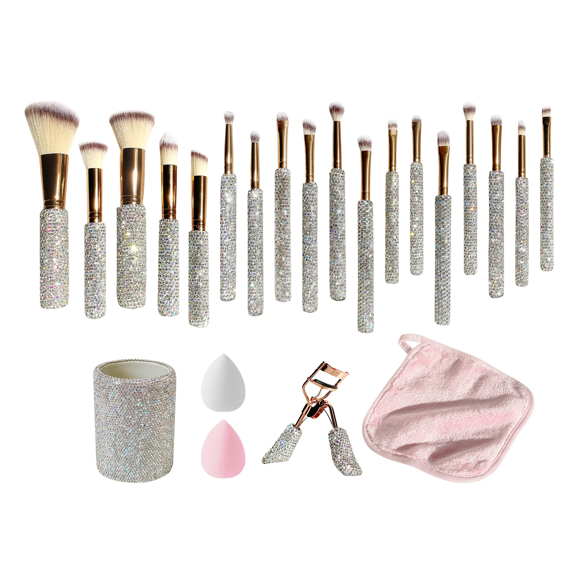 Collection of makeup products and brushes - Glamorous beauty